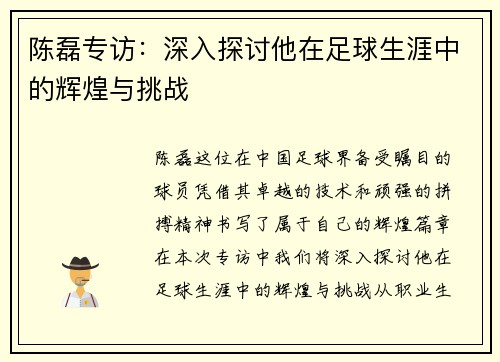 陈磊专访：深入探讨他在足球生涯中的辉煌与挑战
